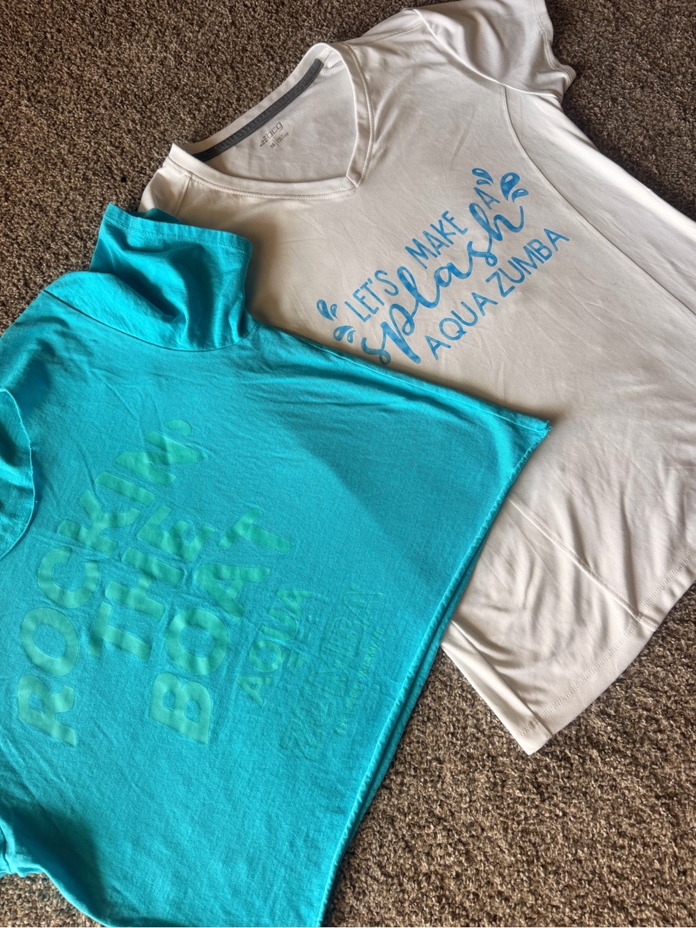 Aqua Zumba Fitness White V-Neck Tee with Aqua and Bright Aqua Graphic